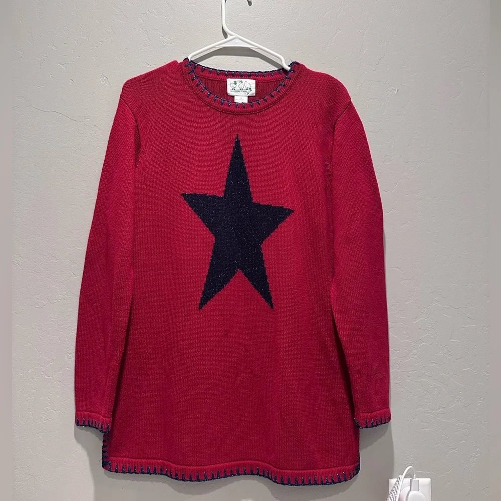 Vintage The Quacker Factory Red Blue‎ Star Oversized Sweater Size Small